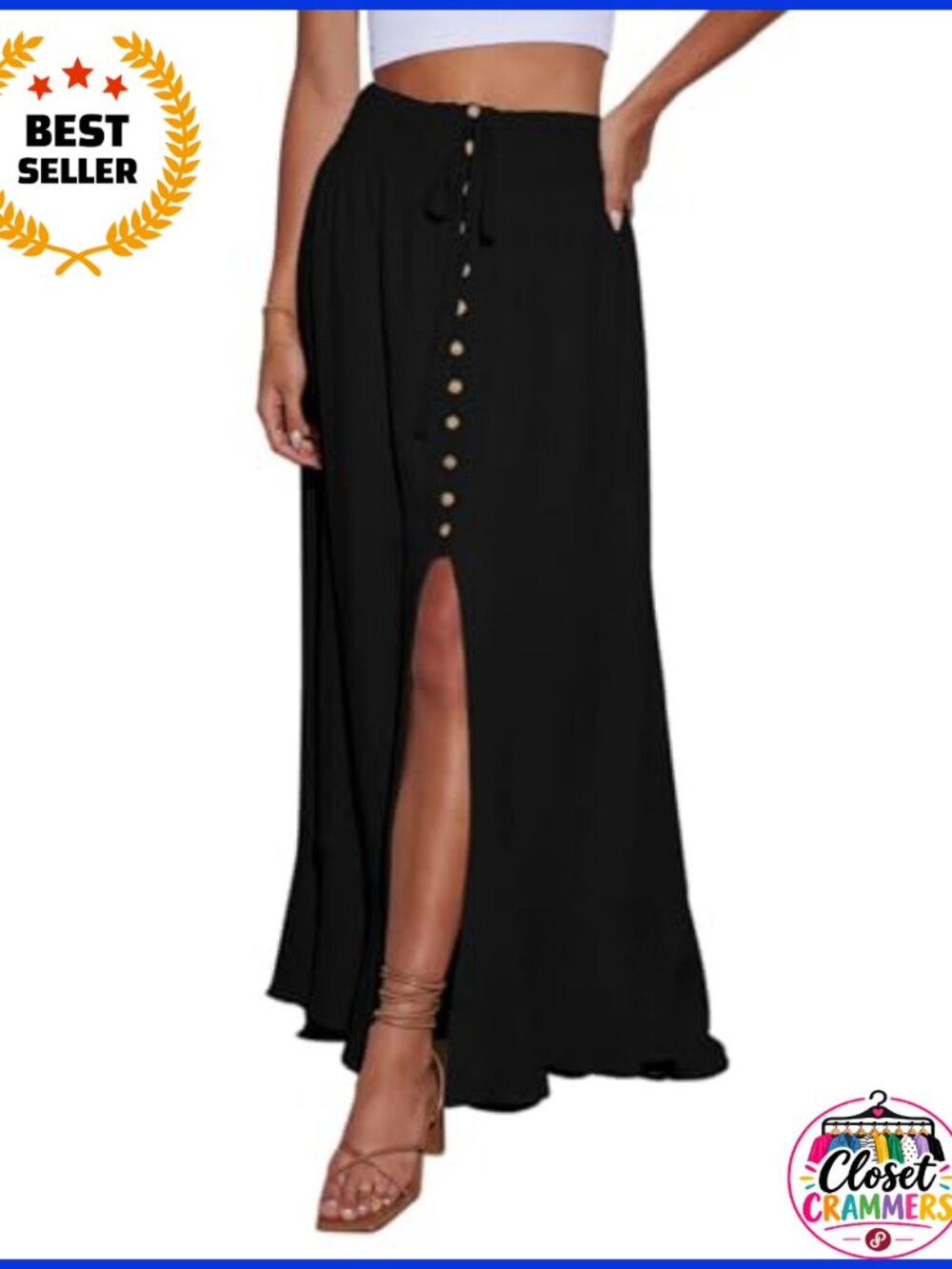 Women's Elastic Tie Waist Button Down Maxi Skirt Casual Loose Flowy Swing Slit